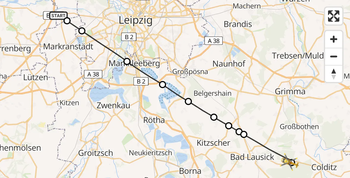 Flugroute Rettungshubschrauber Schkeuditz - Colditz, 03 Mai 2026, 10:40