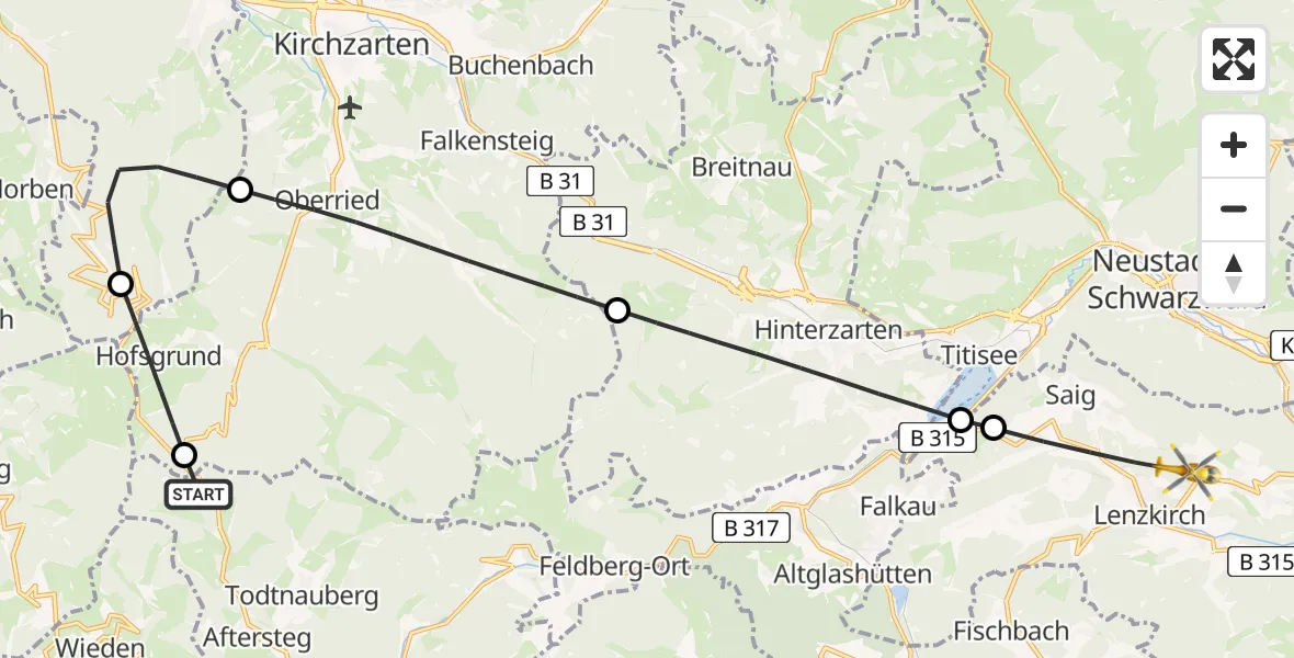 Flugroute Rettungshubschrauber Todtnau - Lenzkirch, 03 Mai 2026, 10:41