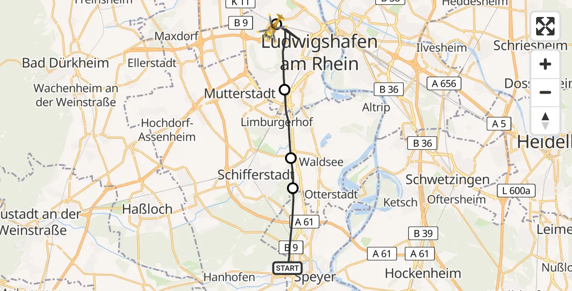 Flugroute Rettungshubschrauber Speyer - Ludwigshafen Accident Hospital, 03 Mai 2026, 10:42