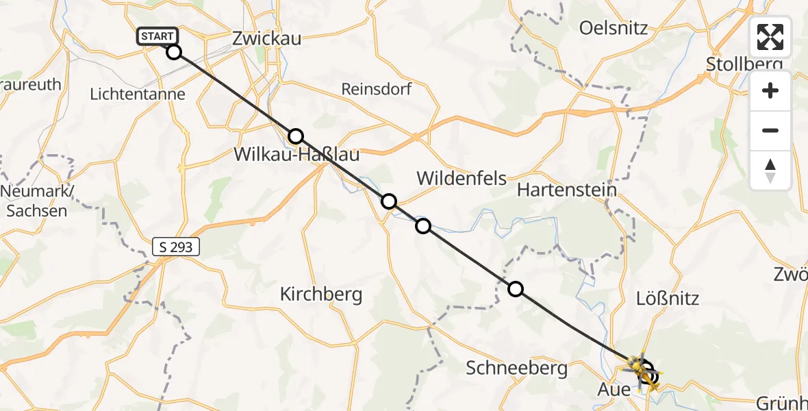 Flugroute Rettungshubschrauber ADAC Air Rescue Station Zwickau Hubschrauberlandeplatz - Helios Clinic Aue, 03 Mai 2026, 10:52