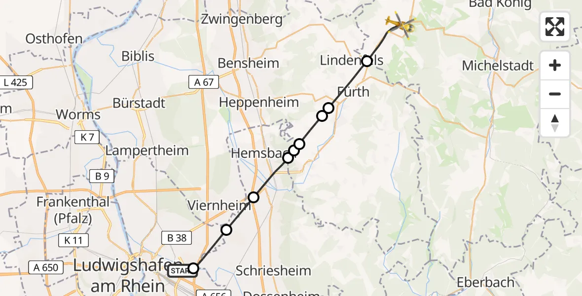 Flugroute Rettungshubschrauber Mannheim-City Flughafen - Reichelsheim (Odenwald), 03 Mai 2026, 10:57