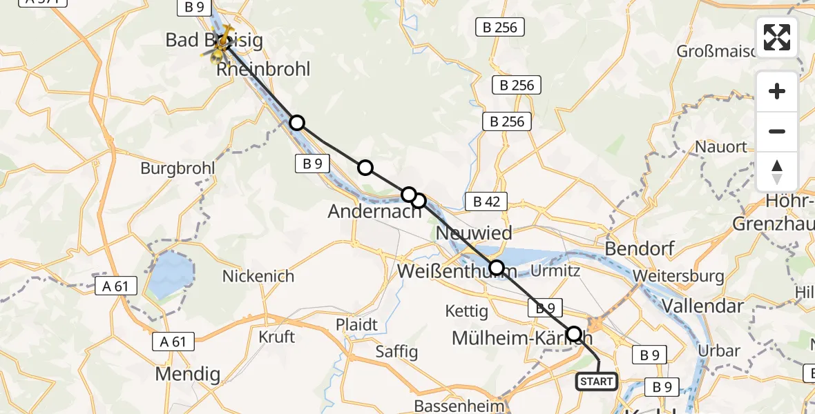 Flugroute Rettungshubschrauber Koblenz - Bad Breisig, 03 Mai 2026, 10:57