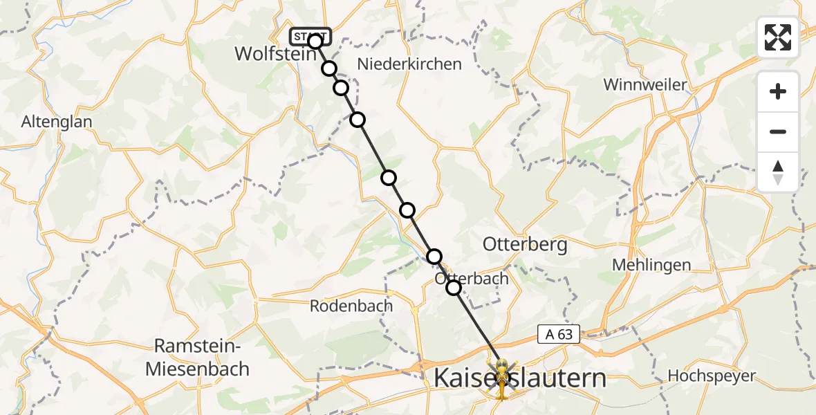 Flugroute Rettungshubschrauber Oberweiler-Tiefenbach - Westpfalz Hospital Kaiserslautern, 03 Mai 2026, 11:06