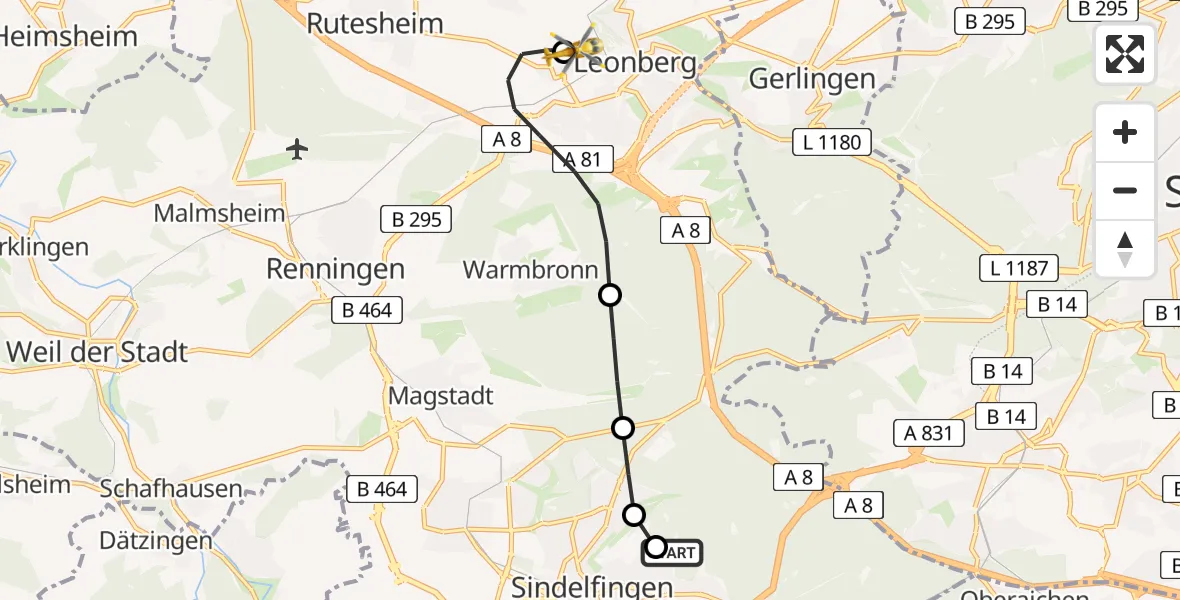 Flugroute Rettungshubschrauber Sindelfingen Hospital - Leonberg Hospital, 03 Mai 2026, 11:08