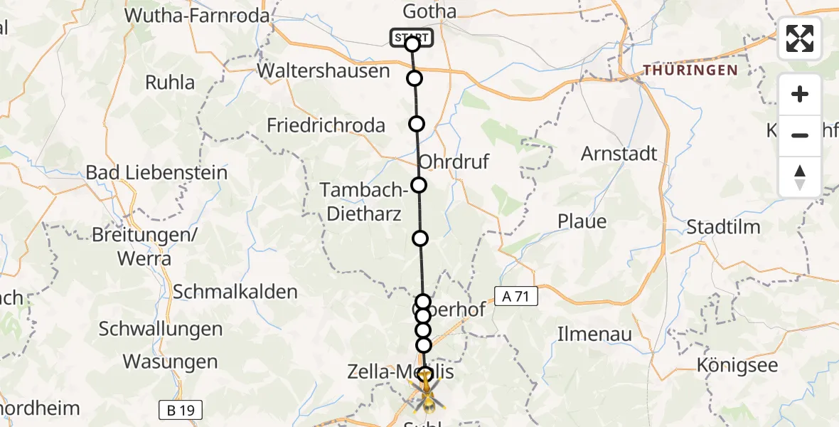Flugroute Rettungshubschrauber Helios Clinic Gotha - Suhl, 03 Mai 2026, 11:11