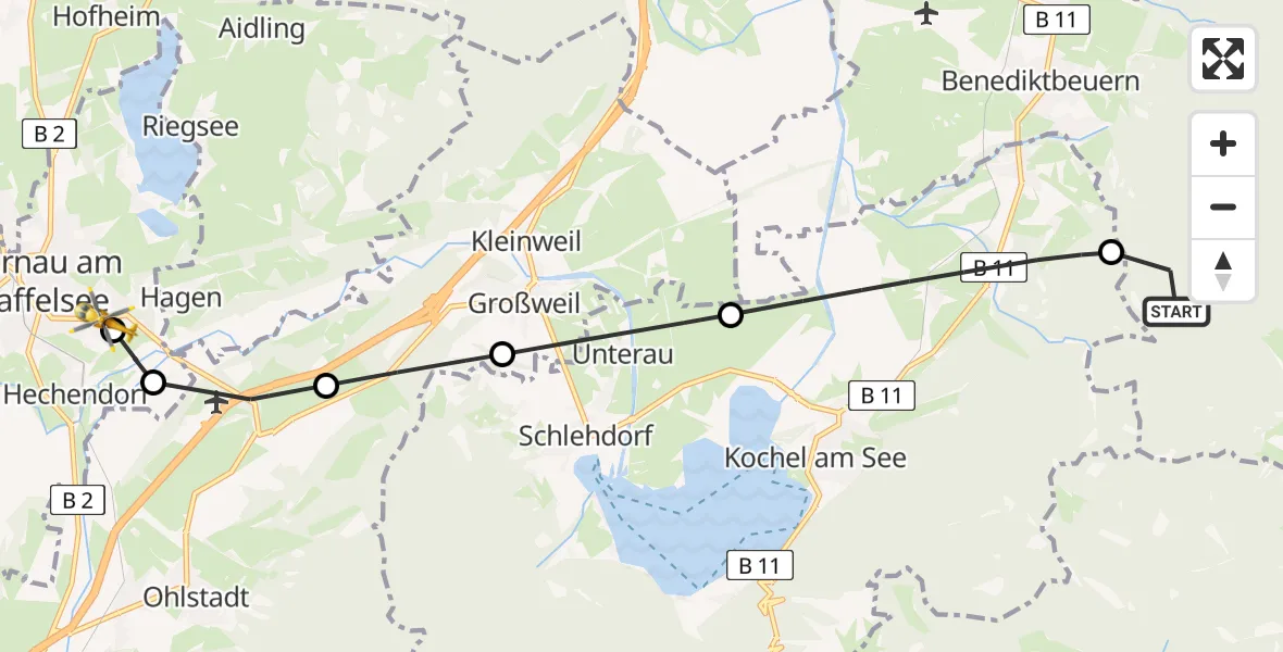 Flugroute Rettungshubschrauber Benediktbeuern - Murnau Accident Hospital, 03 Mai 2026, 11:16