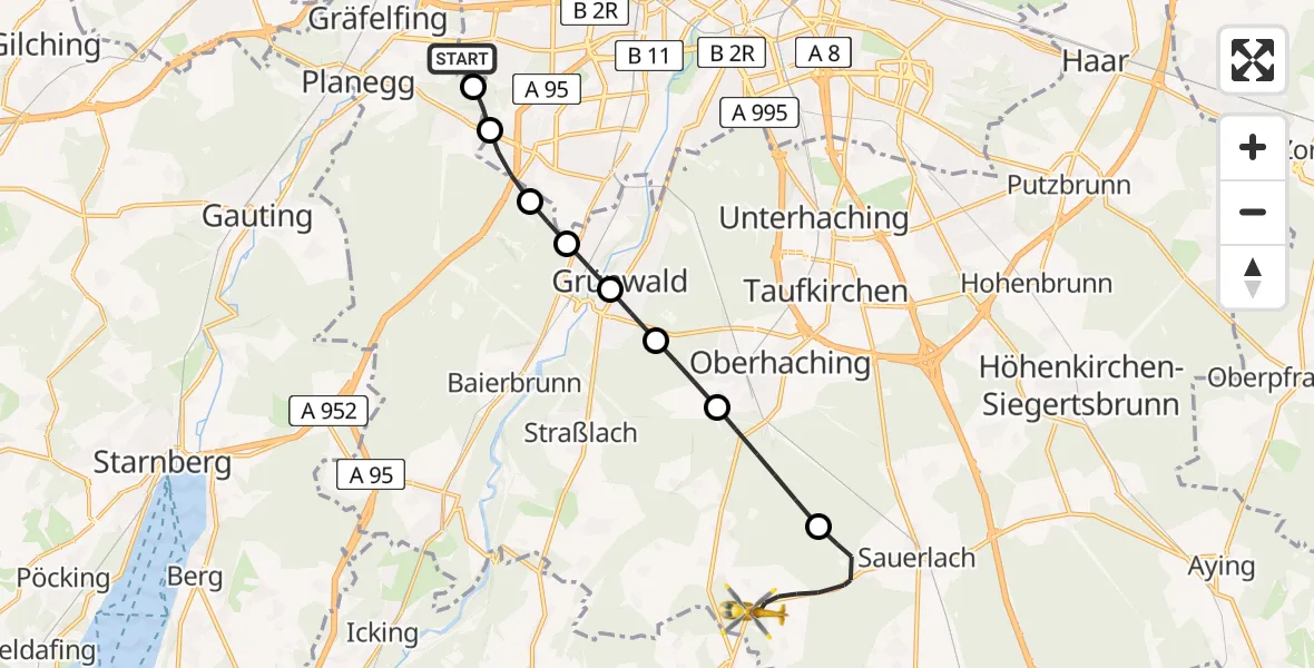 Flugroute Rettungshubschrauber DRF Air Rescue München Hubschrauberlandeplatz - Sauerlach, 03 Mai 2026, 11:17