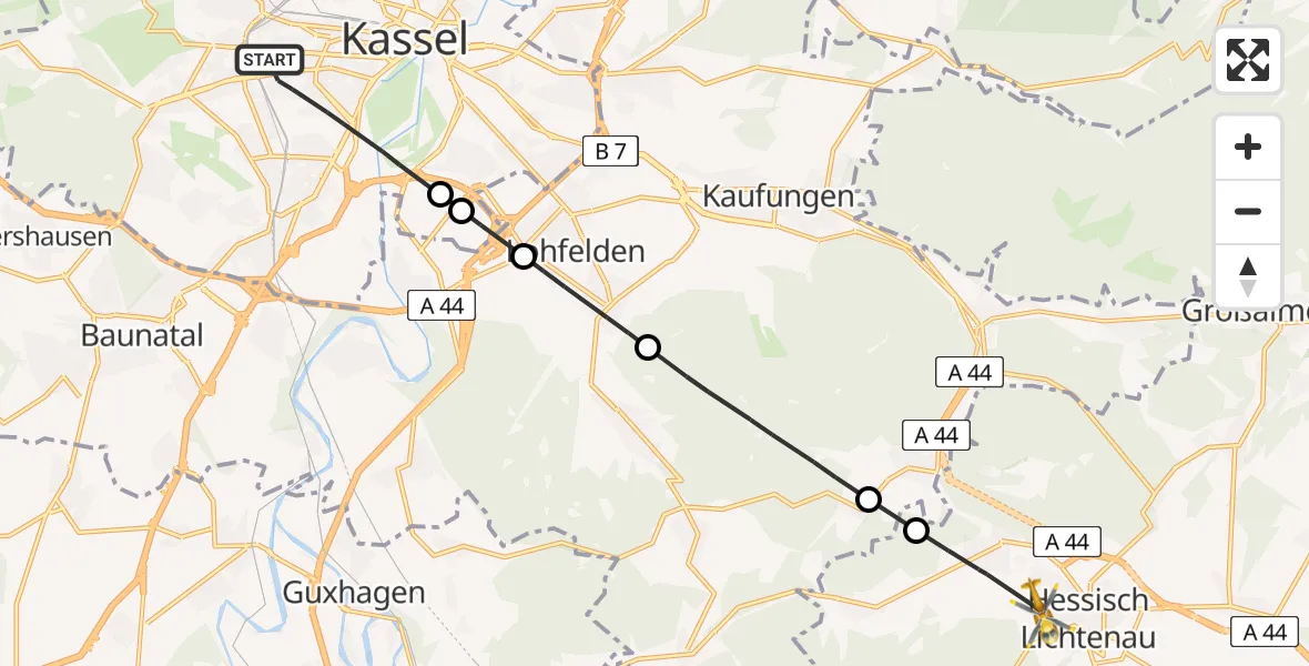 Flugroute Rettungshubschrauber Kassel - Hessisch Lichtenau, 03 Mai 2026, 11:18
