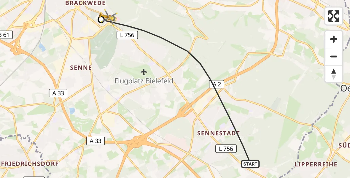 Flugroute Rettungshubschrauber Bielefeld - Luftrettungszentrum Bielefeld, 03 Mai 2026, 11:20