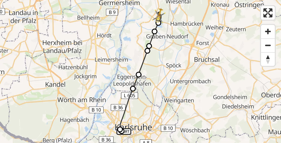 Flugroute Rettungshubschrauber Sankt Vincentius Hospital - Philippsburg, 03 Mai 2026, 11:20
