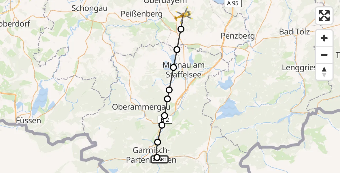 Flugroute Rettungshubschrauber Garmisch-Partenkirchen Clinic Hubschrauberlandeplatz - Eberfing, 03 Mai 2026, 11:23