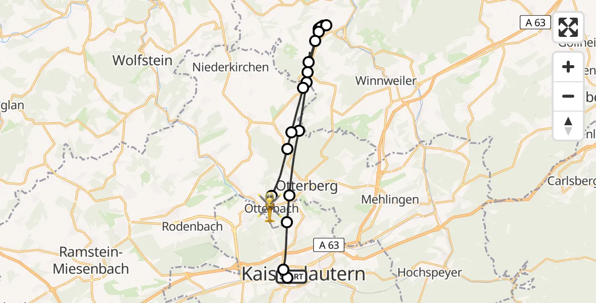 Flugroute Rettungshubschrauber Westpfalz Hospital Kaiserslautern - Otterbach, 03 Mai 2026, 11:24