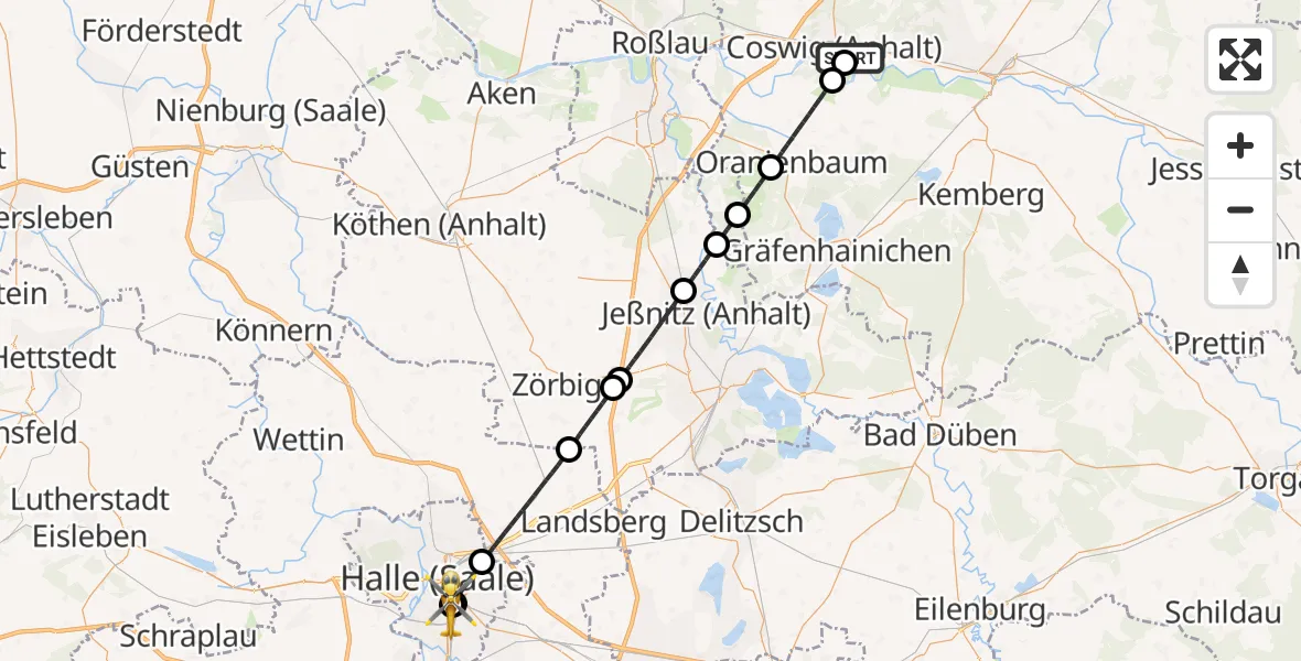 Flugroute Rettungshubschrauber MediClin Heart Center Coswig Hubschrauberlandeplatz - BG Hospital Bergmannstrost Halle, 03 Mai 2026, 11:26