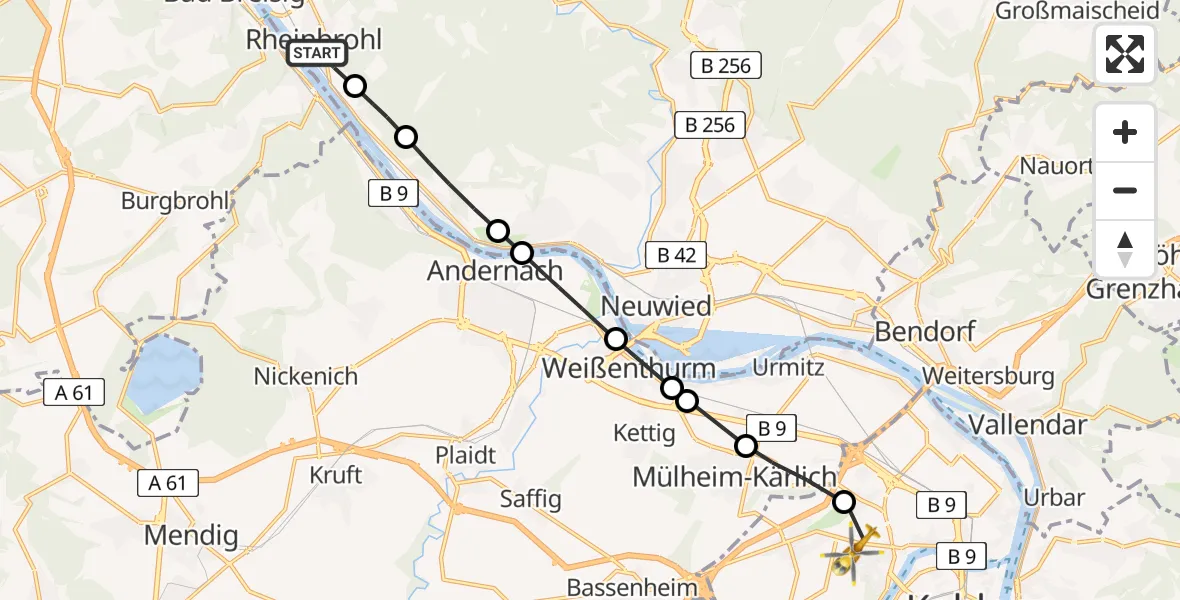 Flugroute Rettungshubschrauber Rheinbrohl - Koblenz, 03 Mai 2026, 11:28