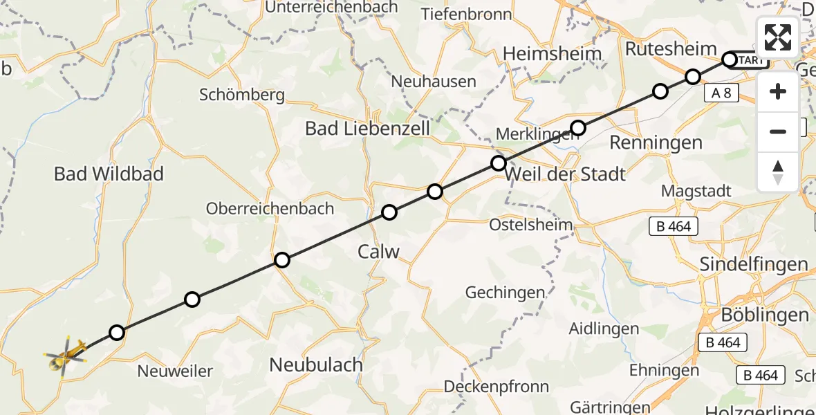 Flugroute Rettungshubschrauber Leonberg Hospital - Bad Wildbad, 03 Mai 2026, 11:33