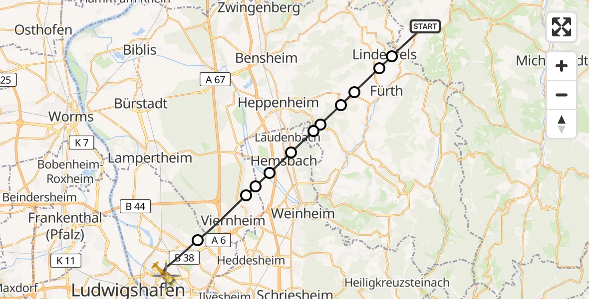 Flugroute Rettungshubschrauber Reichelsheim (Odenwald) - Mannheim, 03 Mai 2026, 11:38