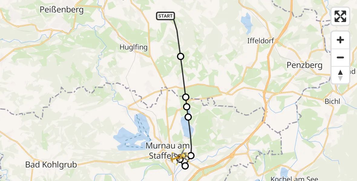 Flugroute Rettungshubschrauber Eberfing - Murnau Accident Hospital, 03 Mai 2026, 11:59