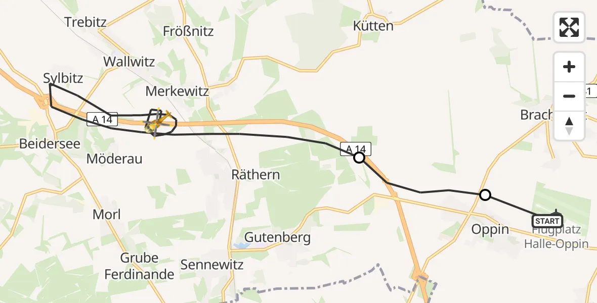 Flugroute Rettungshubschrauber Halle-Oppin Flugplatz - Petersberg, 03 Mai 2026, 11:59