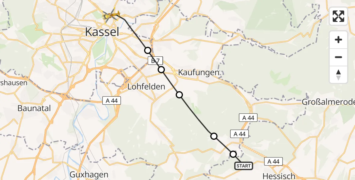 Flugroute Rettungshubschrauber Hessisch Lichtenau - Kassel, 03 Mai 2026, 11:59