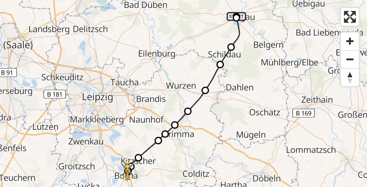 Flugroute Rettungshubschrauber Torgau District Hospital - Sana Hospital Borna, 03 Mai 2026, 12:01