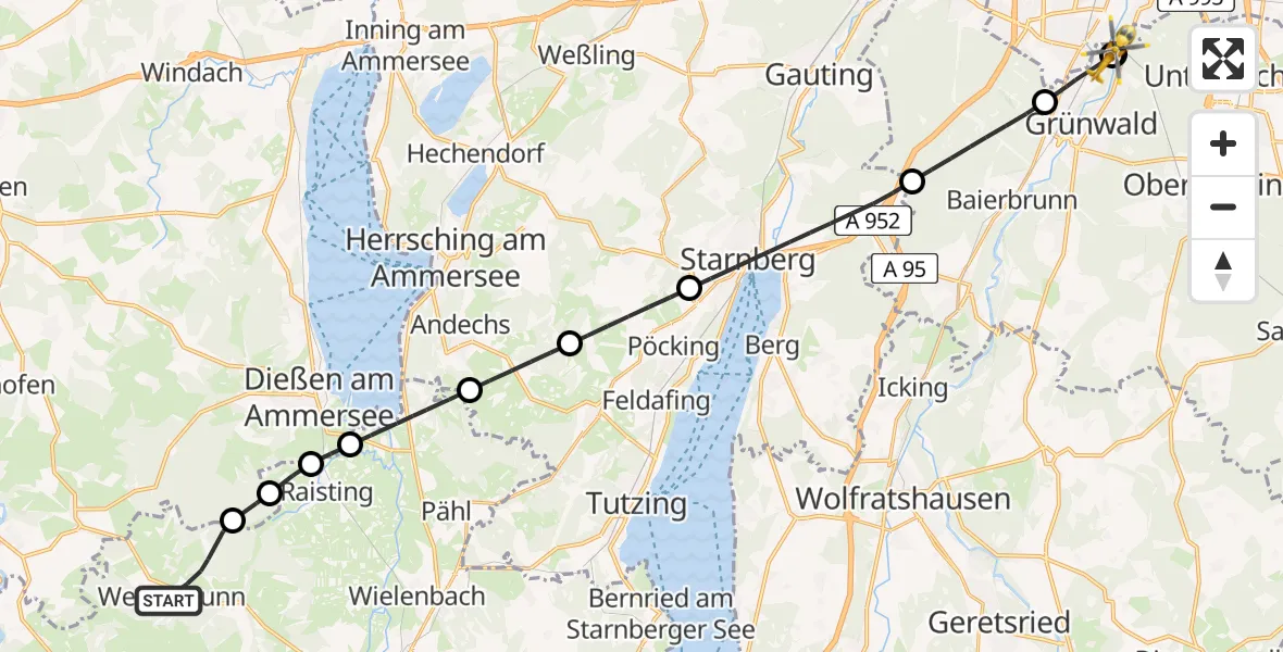 Flugroute Rettungshubschrauber Wessobrunn - Pullach i.Isartal, 03 Mai 2026, 12:02