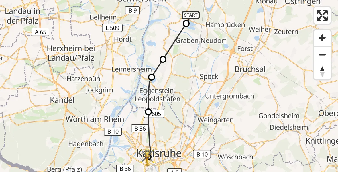 Flugroute Rettungshubschrauber Philippsburg - Sankt Vincentius Hospital, 03 Mai 2026, 12:05