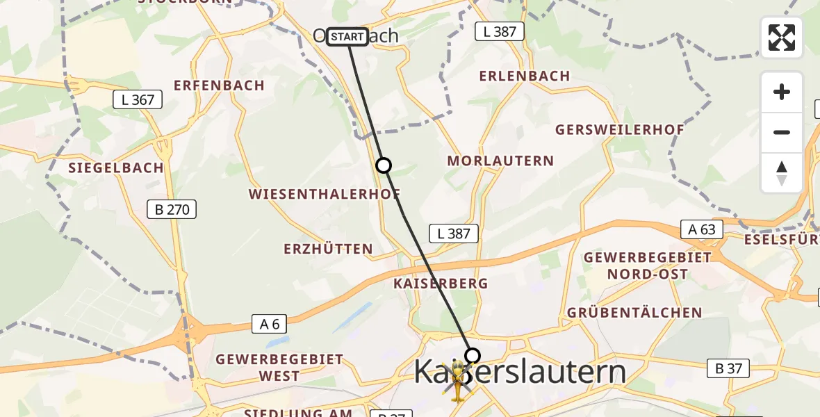 Flugroute Rettungshubschrauber Otterbach - Westpfalz Hospital Kaiserslautern, 03 Mai 2026, 12:06