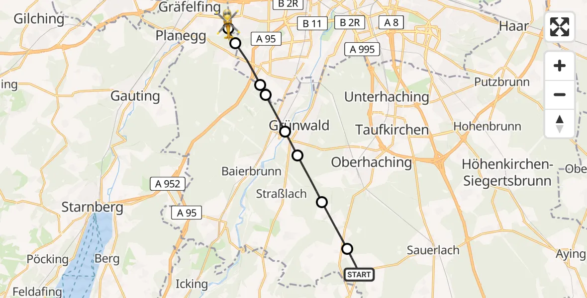 Flugroute Rettungshubschrauber Sauerlach - DRF Air Rescue München Hubschrauberlandeplatz, 03 Mai 2026, 12:07