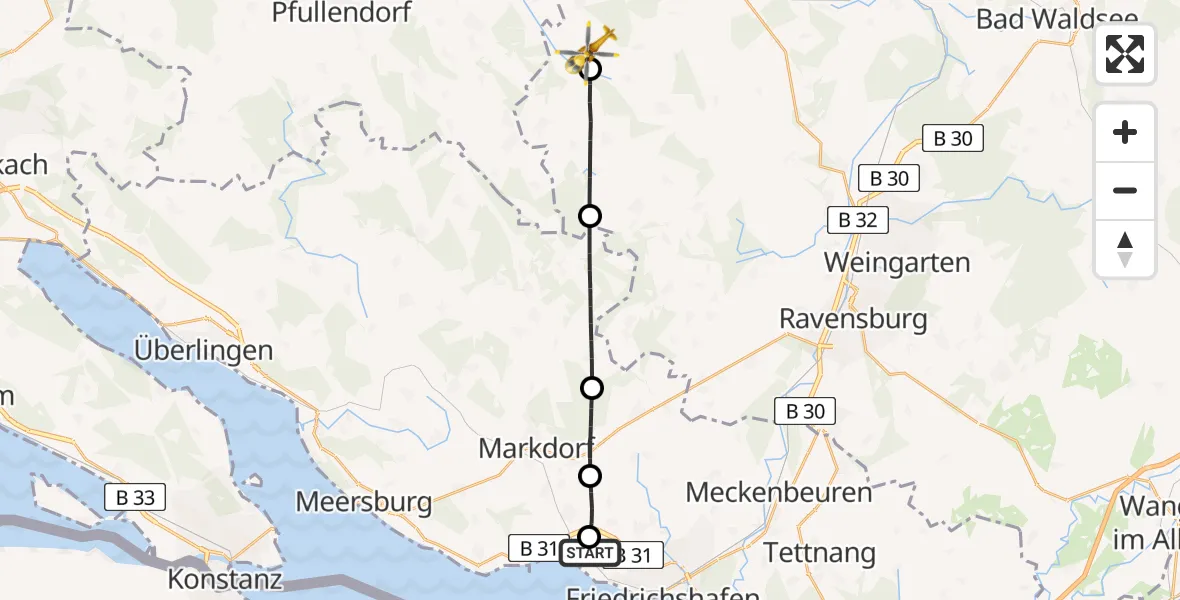 Flugroute Rettungshubschrauber Friedrichshafen Hospital - Riedhausen, 03 Mai 2026, 12:07