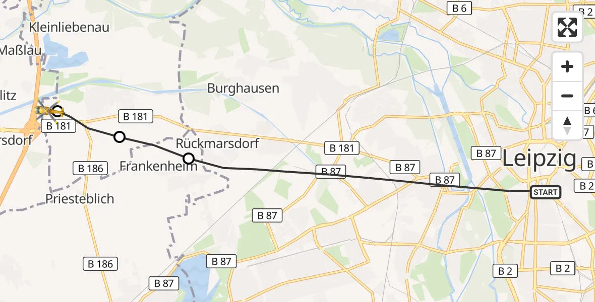 Flugroute Rettungshubschrauber Leipzig - ADAC Air Rescue Station Leipzig/Schkeuditz-Dölzig Hubschrauberlandeplatz (Christoph 61), 03 Mai 2026, 12:08