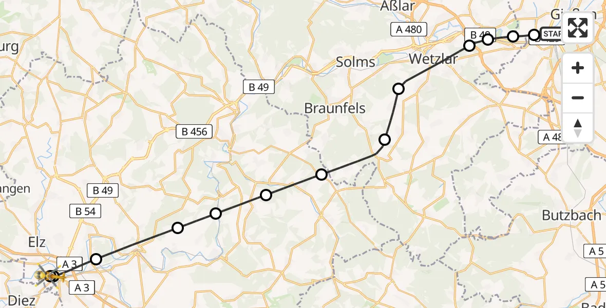 Flugroute Rettungshubschrauber Gießen - Saint Vincent Hospital Limburg, 03 Mai 2026, 12:09