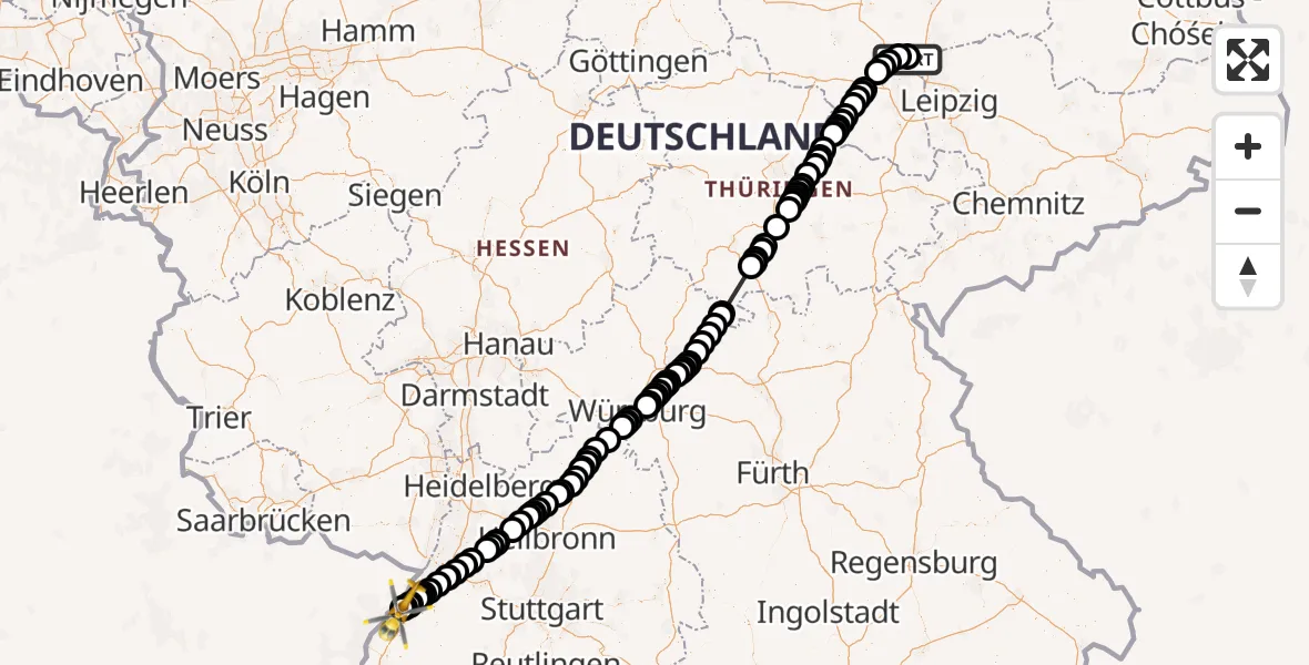 Flugroute Ambulanzhubschrauber Halle-Oppin Flugplatz - Karlsruhe Baden-Baden Flughafen, 03 Mai 2026, 12:18