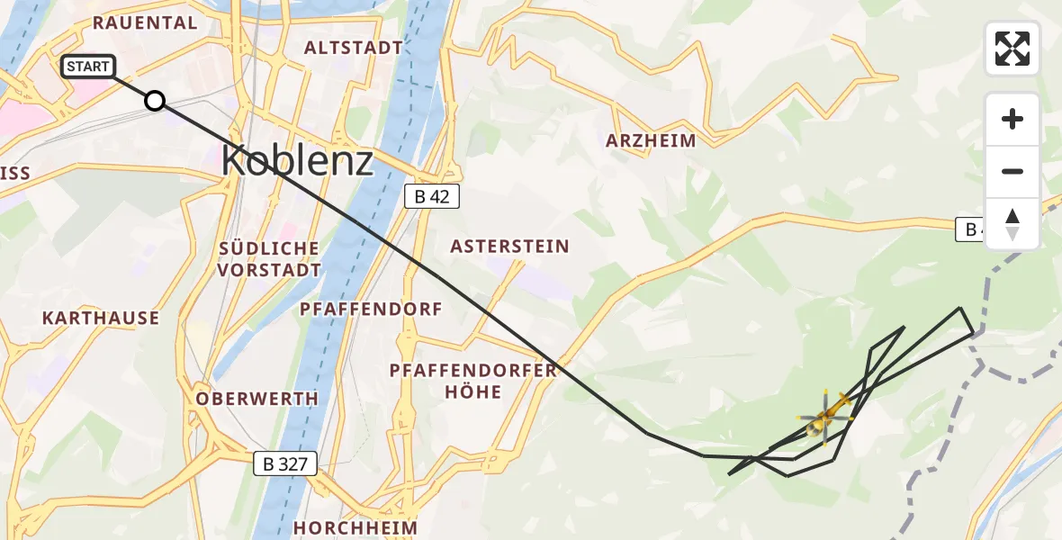 Flugroute Rettungshubschrauber Katholisches Klinikum Marienhof Koblenz Hubschrauberlandeplatz - Koblenz, 03 Mai 2026, 12:18