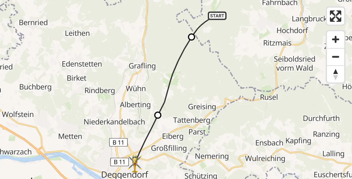 Flugroute Rettungshubschrauber Bischofsmais - Deggendorf, 03 Mai 2026, 12:24