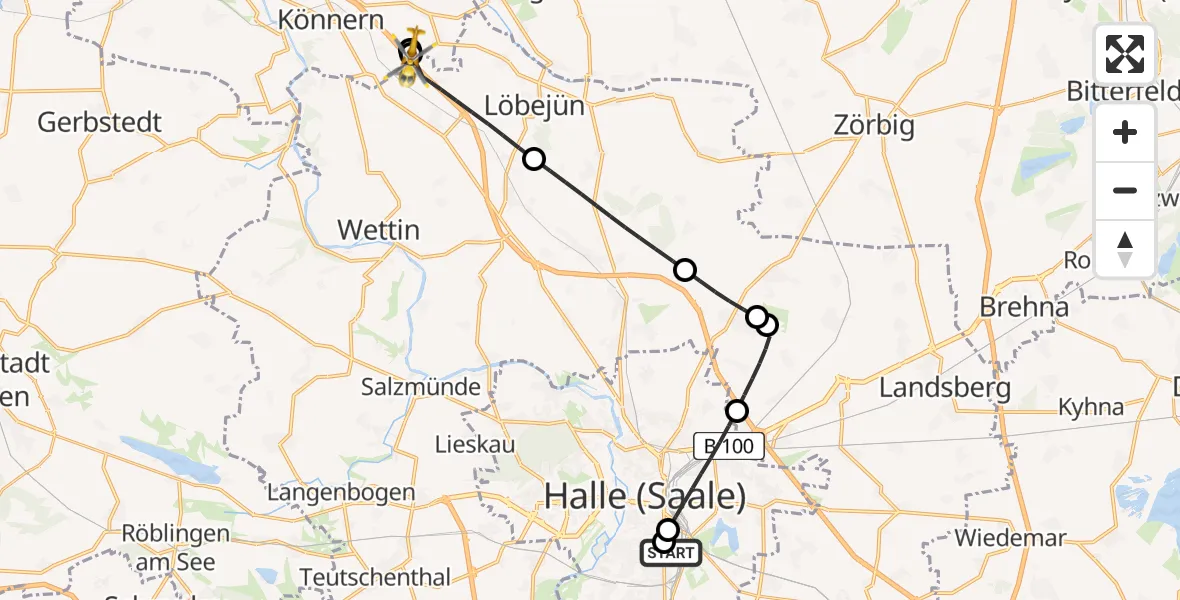 Flugroute Rettungshubschrauber BG Hospital Bergmannstrost Halle - Wettin-Löbejün, 03 Mai 2026, 12:29