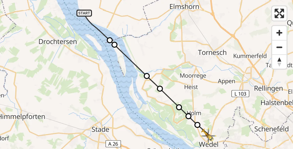 Flugroute Rettungshubschrauber Kollmar - Wedel, 03 Mai 2026, 12:32