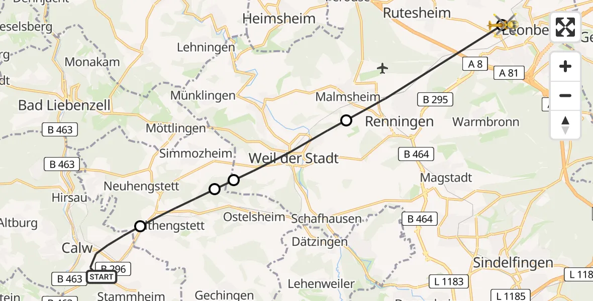 Flugroute Rettungshubschrauber Calw - Leonberg Hospital, 03 Mai 2026, 12:35