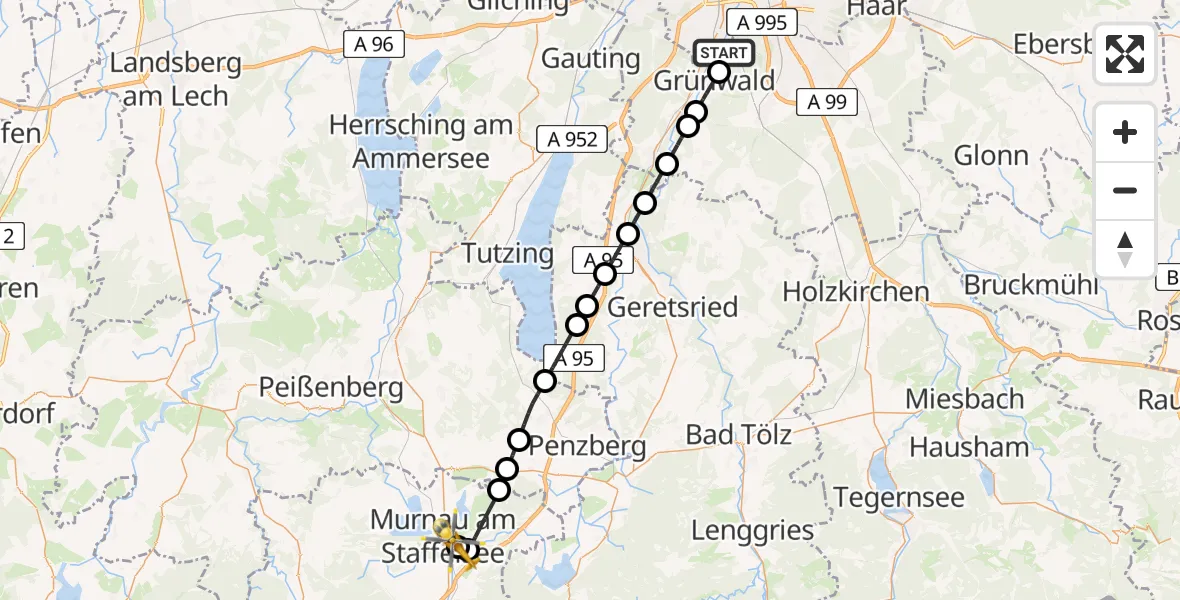Flugroute Rettungshubschrauber Pullach i.Isartal - Murnau Accident Hospital, 03 Mai 2026, 12:42