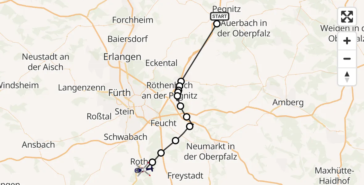 Flugroute Polizeihubschrauber Pegnitz - Roth, 03 Mai 2026, 12:59