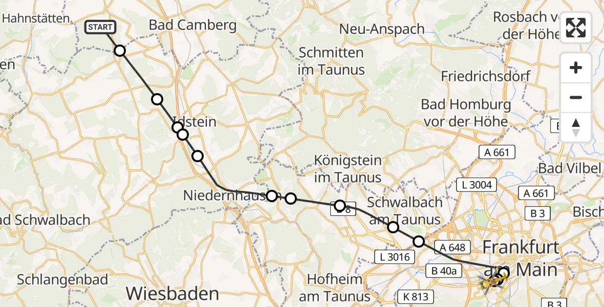 Flugroute Rettungshubschrauber Hünfelden - Frankfurt University Hospital Neurology Clinic, 03 Mai 2026, 13:08