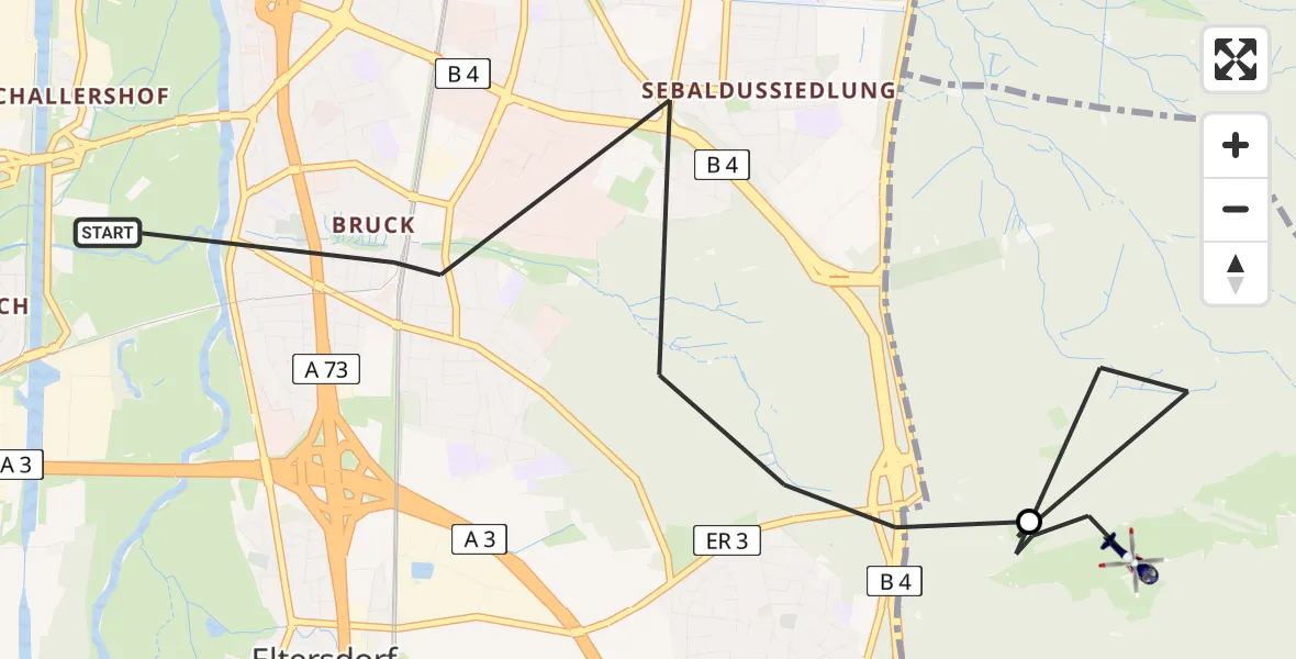 Flugroute Polizeihubschrauber Erlangen - Forst Tennenlohe, 03 Mai 2026, 13:08