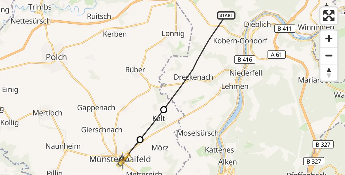 Flugroute Rettungshubschrauber Kobern-Gondorf - Münstermaifeld, 03 Mai 2026, 13:08