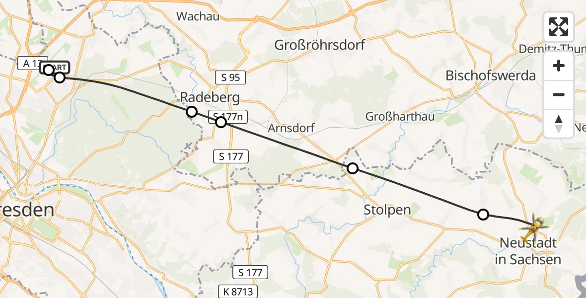 Flugroute Rettungshubschrauber Dresden Bundespolizei Hubschrauberlandeplatz - Neustadt in Sachsen, 03 Mai 2026, 13:09