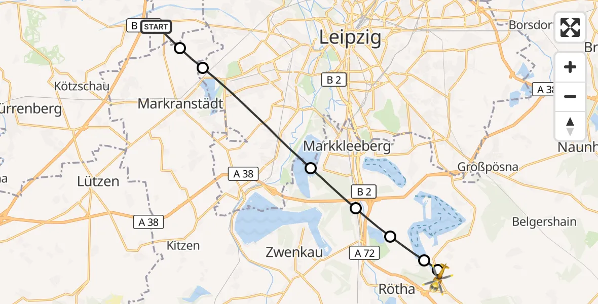 Flugroute Rettungshubschrauber Schkeuditz - Rötha, 03 Mai 2026, 13:11