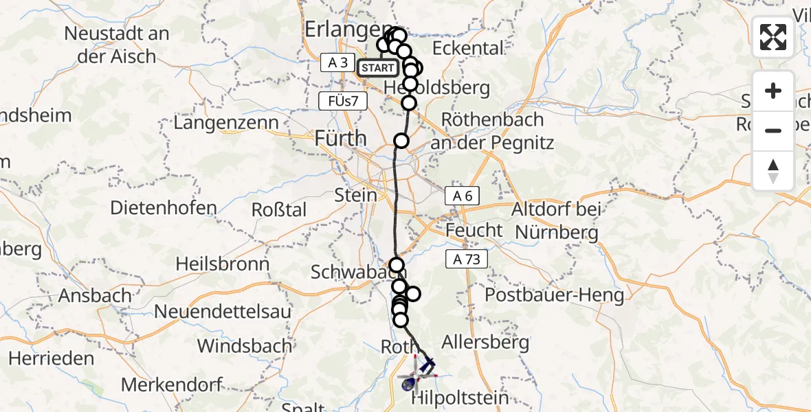 Flugroute Polizeihubschrauber Forst Tennenlohe - Roth, 03 Mai 2026, 13:13