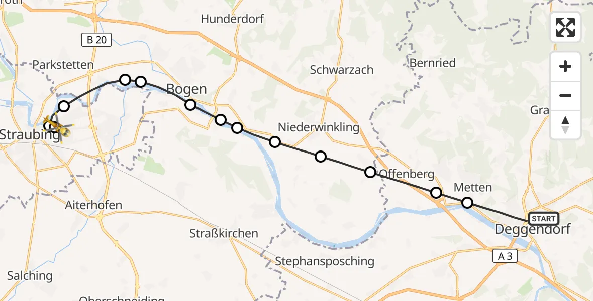 Flugroute Rettungshubschrauber Deggendorf - Sankt Elisabeth Hospital Straubing, 03 Mai 2026, 13:13
