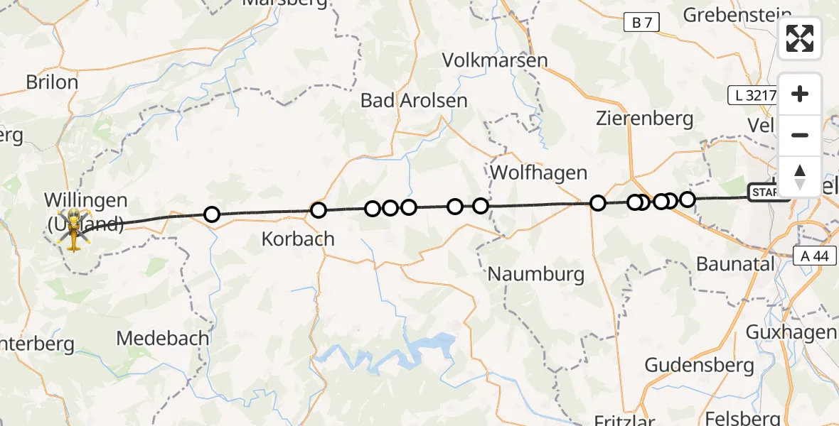 Flugroute Rettungshubschrauber Kassel - Willingen (Upland), 03 Mai 2026, 13:17
