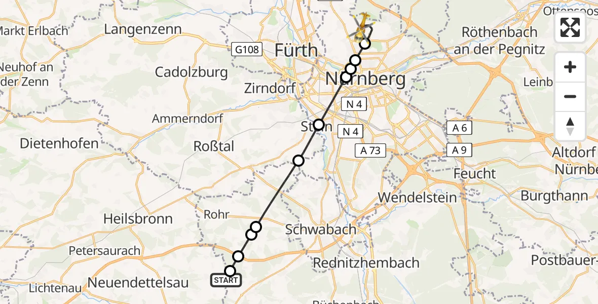 Flugroute Rettungshubschrauber Windsbach - Flughafen Nuremberg, 03 Mai 2026, 13:19