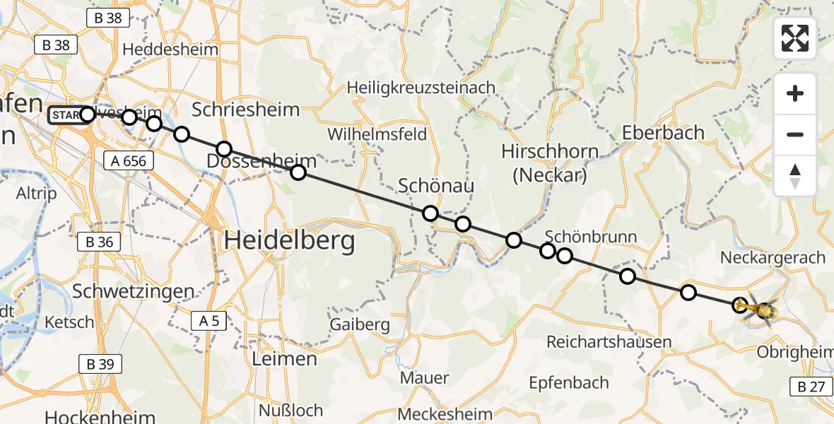 Flugroute Rettungshubschrauber Mannheim-City Flughafen - Neckargerach, 03 Mai 2026, 13:20