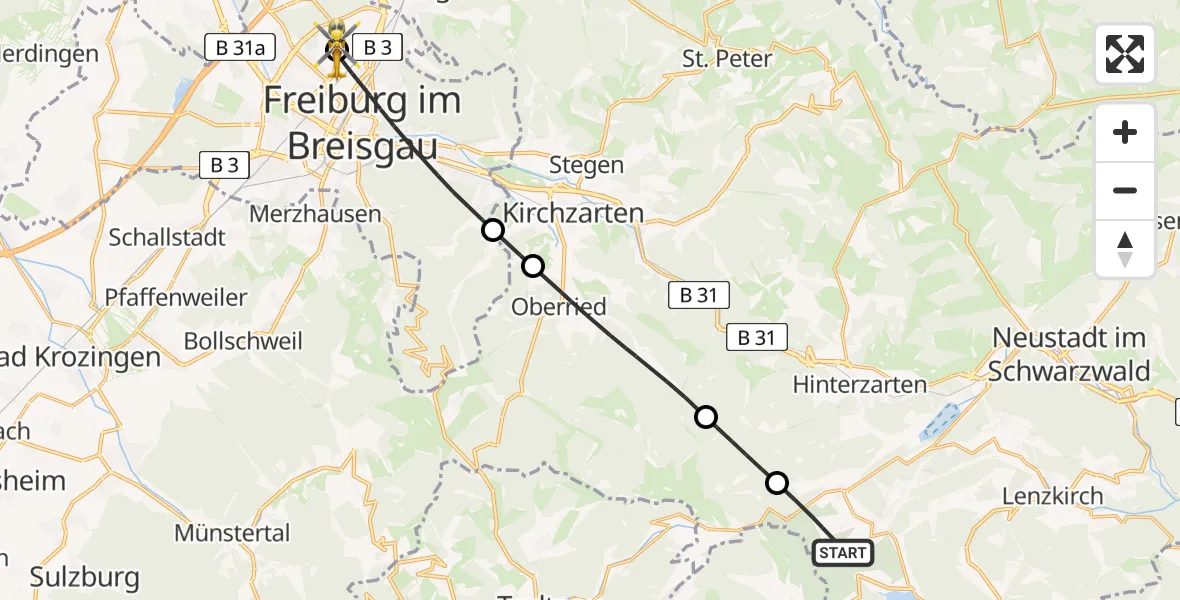 Flugroute Rettungshubschrauber Feldberg (Schwarzwald) - Freiburg im Breisgau Flugplatz, 03 Mai 2026, 13:21